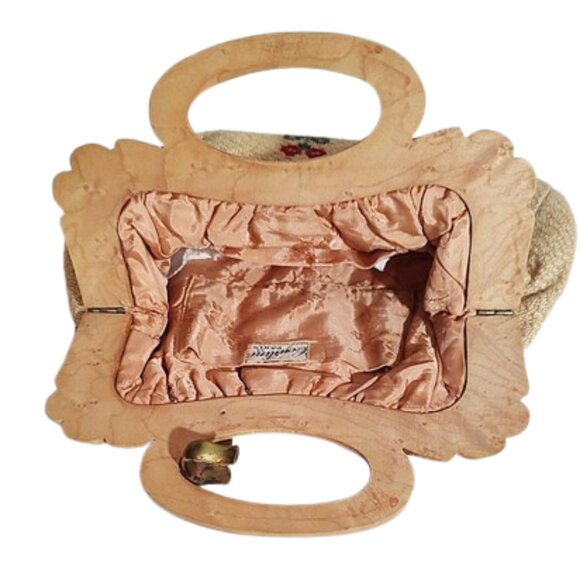 1930s Deco Vintage Tan Flowered Fabric Handbag With A Carved Wood Handle Paris - Picture 5 of 6